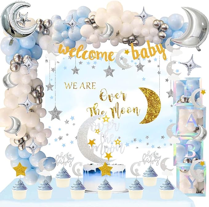 154 PCs Over The Moon Baby Shower Decorations, Fiesec We Are Over The Moon Baby Shower Decorations Backdrop Balloon Garland Glitter Banner Cake Cupcake Topper Boxes Cutout Starry Night Galaxy Sliver