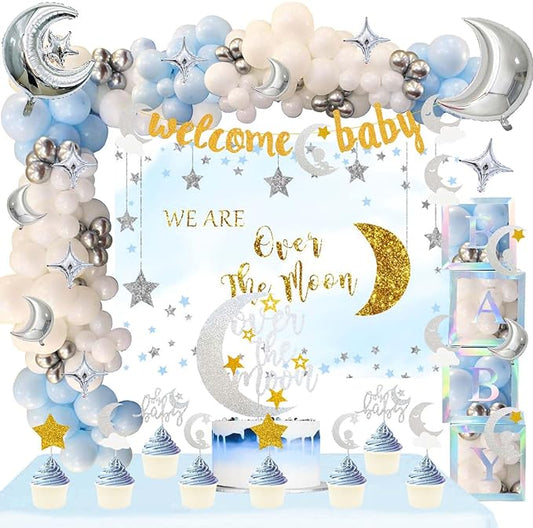 154 PCs Over The Moon Baby Shower Decorations, Fiesec We Are Over The Moon Baby Shower Decorations Backdrop Balloon Garland Glitter Banner Cake Cupcake Topper Boxes Cutout Starry Night Galaxy Sliver