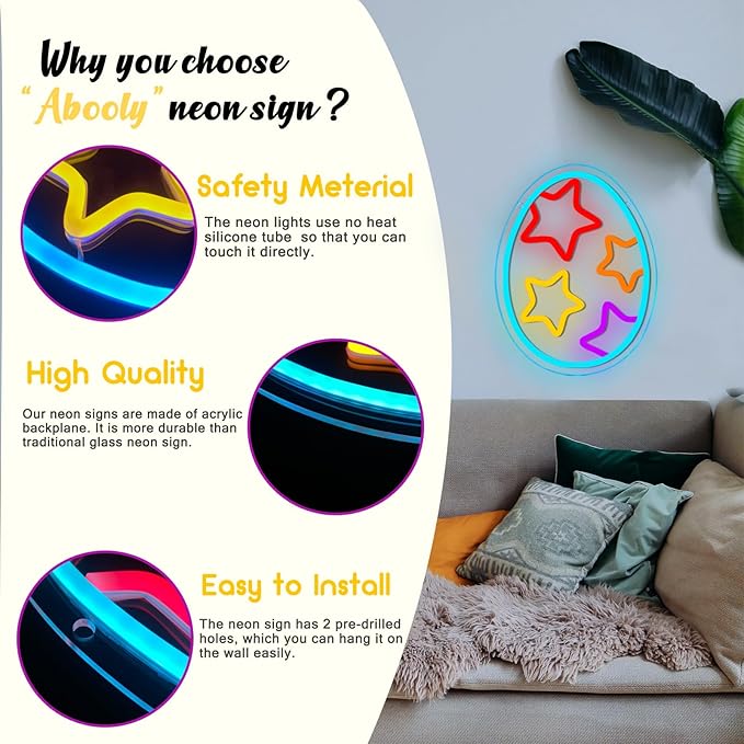 Egg Neon Light Happy Easter Decor - Dimmable Colorful Easter Egg Neon Light, LED Neon Sign USB Power for Bedroom Party Study Baby Man Cave Gift(9 * 11.8in)
