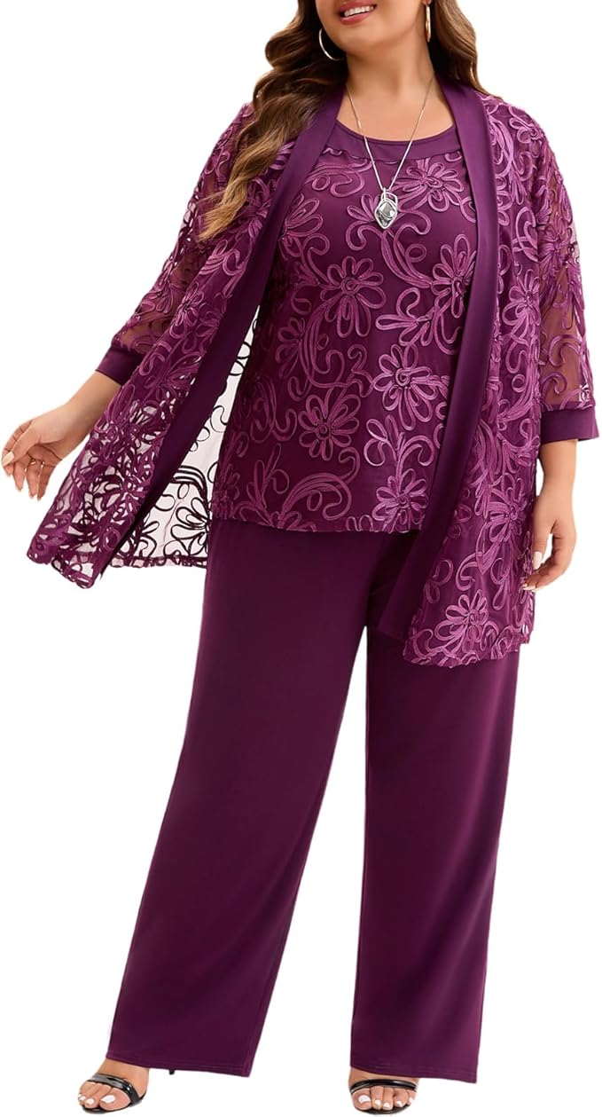 Plus Size 3 Piece Floral Embroidered Pantsuit Set Women Mother of Bride Wedding Guest Formal Evening Cocktail Party Attire