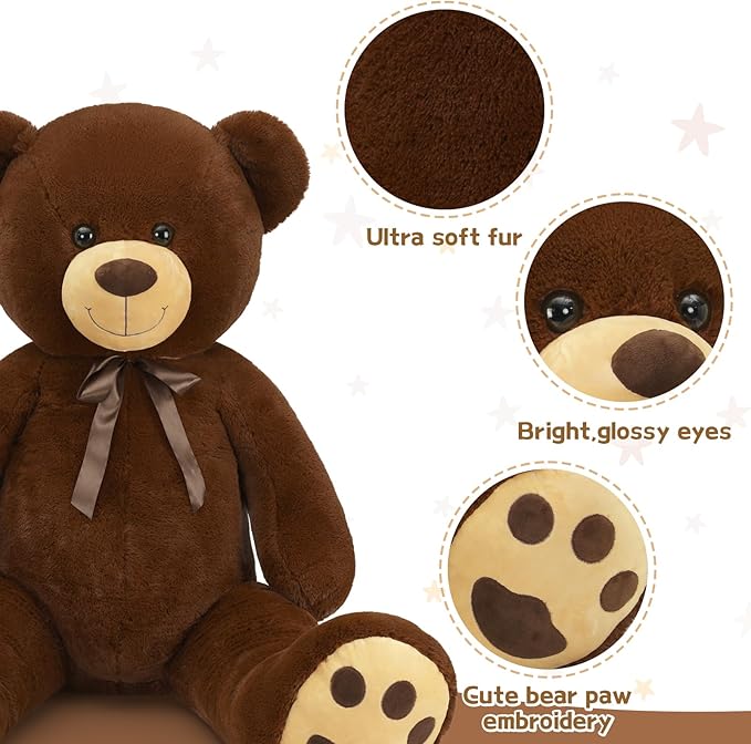 Tezituor Big Teddy Bear 5ft, Fluffy Life Size Giant Stuffed Animal, Cute Embroidered Paws Plush Gift for Kids, Girlfriend, Boyfriend, Valentines, Dark Brown