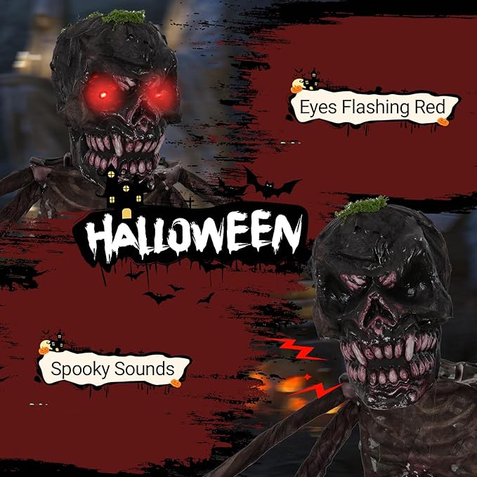 BECOMFORT 6 FT Hanging Animatronic Halloween Decoration, Sound-Activated Hanging Zombie with Shaking Body, Glowing Eyes, Creepy Sounds & Posable Arms, Animated Halloween Props for Indoor & Outdoor