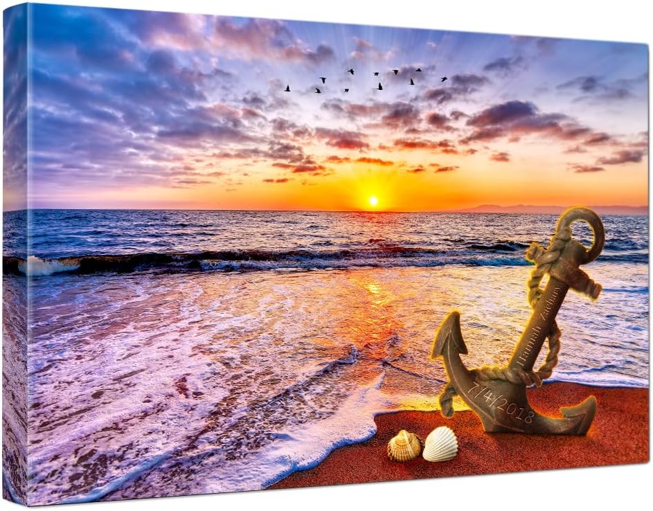 IPIC - "Anchored in Time Personalized Canvas Wall Art, Custom Beach Sunset Canvas Print with Name and Date, A Personalized Gift for Couple, Wedding, or Anniversary, Coastal Home Decor