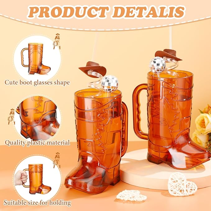 36 Pcs Cowboy Party Supplies, 12 Brown Cowboy Drink Mugs 12 Cowgirl Hat Straws 12 Mirror Disco Ball Stirrers for Western Theme Birthday Party Favors Decoration