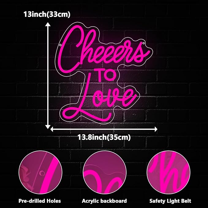 Cheers to Love Neon Sign, Wedding Led Neon Light Signs for Bachelorette Bridal Engagement Party Decoration Wall Decor Valentine's Day Night Light Bridal Shower Dimmable USB Powered(13.8"*13")