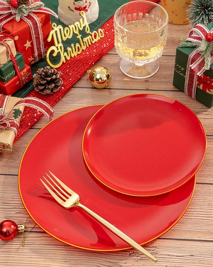 PULOTE 100PCS Red Plastic Plates Disposable Heavy Duty - Include 50 Dinner / 50 Dessert Plates for Party & Christmas