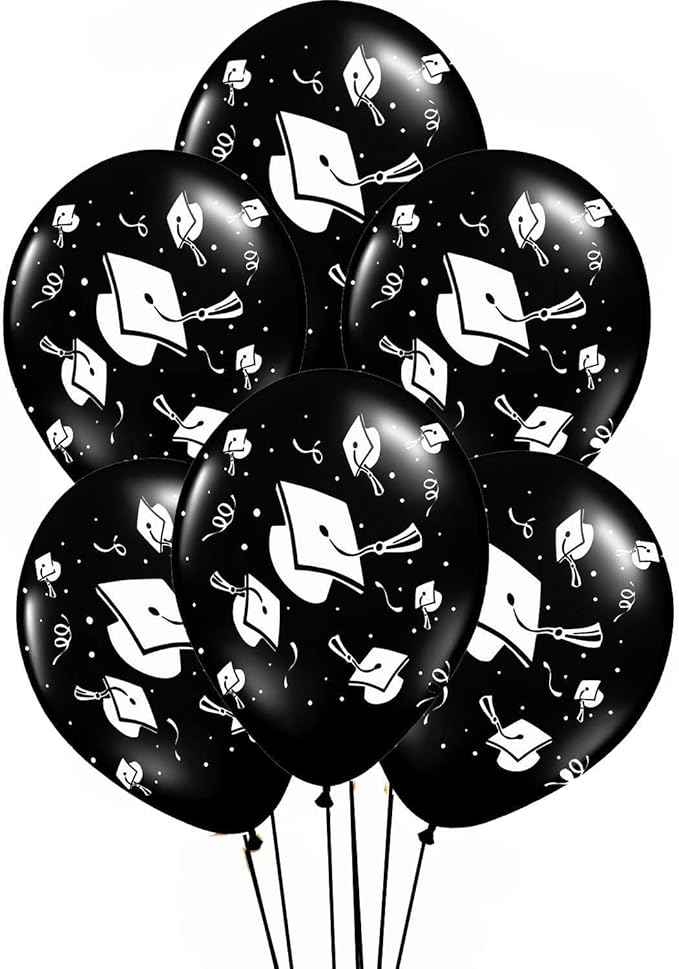 PMU 100 Pcs Black Graduation Balloons Class of 2025 with All-Over Print White Grad Caps-Confetti and Streamers | Graduation Party Supplies | Congratulations Grad Latex Balloons Latex