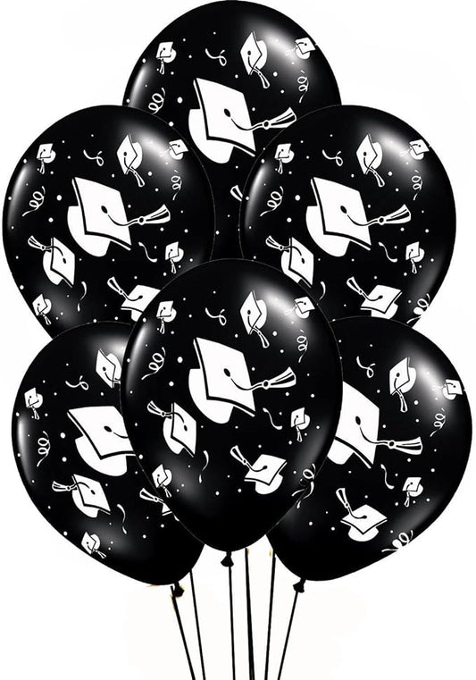 PMU 100 Pcs Black Graduation Balloons Class of 2025 with All-Over Print White Grad Caps-Confetti and Streamers | Graduation Party Supplies | Congratulations Grad Latex Balloons Latex