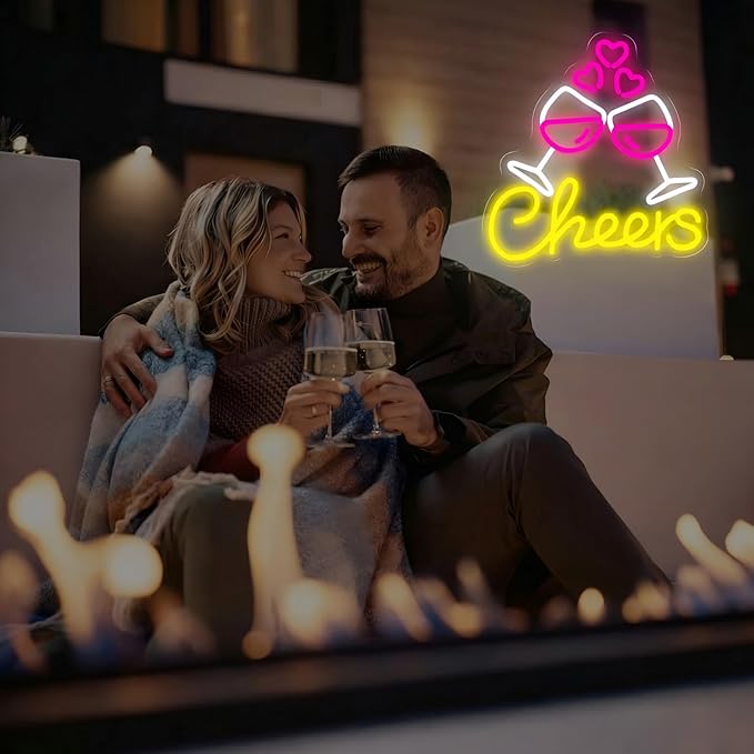 Cheers To Love Neon Sign for Wall Decor, Celebratory Champagne Glasses LED Neon Light for Wedding, Engagement Party, Anniversary & Valentine’s Day Decorations, Neon Wall Art for Bar & Date Night Decor 13.4"x13"