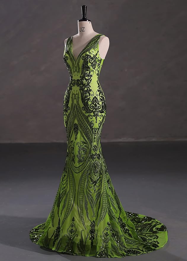 Women's Double V-Neck Sequins Lace-up Mermaid Evening Dress