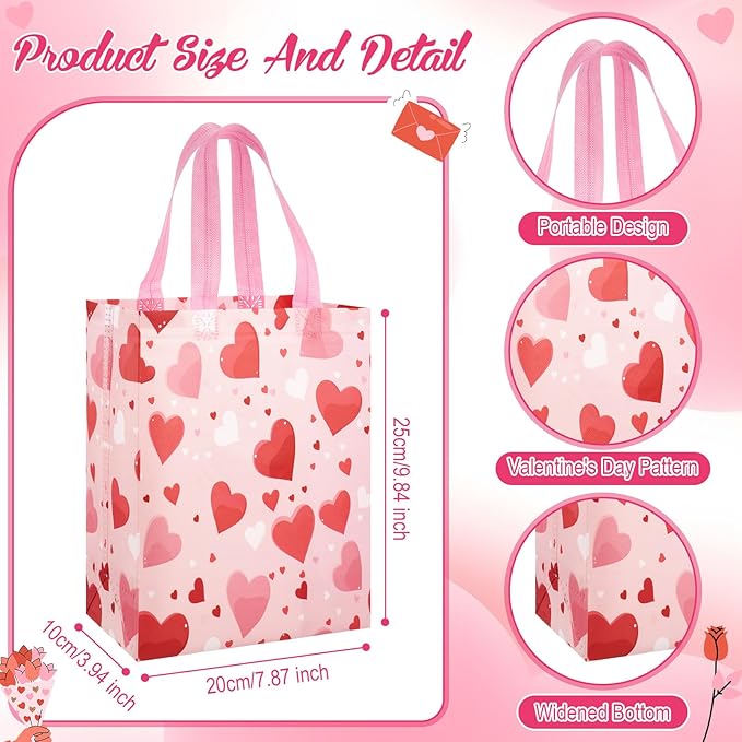 Wesnoy 48 Pcs Valentine's Day Gift Bags Bulk Reusable Medium Non Woven Heart Snack Candy Goodie Treat Tote Bags with Handle for Galentines Event Party Favor Gift Wrap,10 x 8 x 4 Inch
