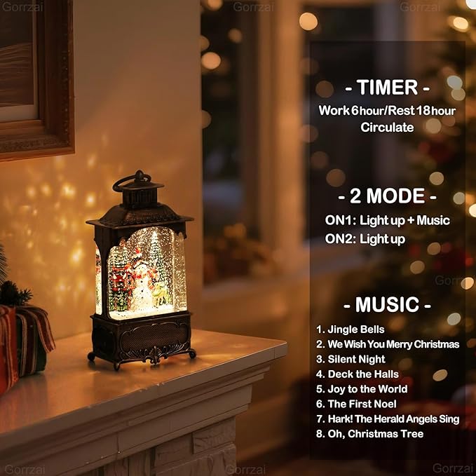 Christmas Snow Globes Snowman Snow Globe Lantern, Lighted Christmas Decorations Indoor with Music Timer Swirling Glitter, Light Up Deer Cardinal Rabbit Musical Decor, USB or Battery Operated