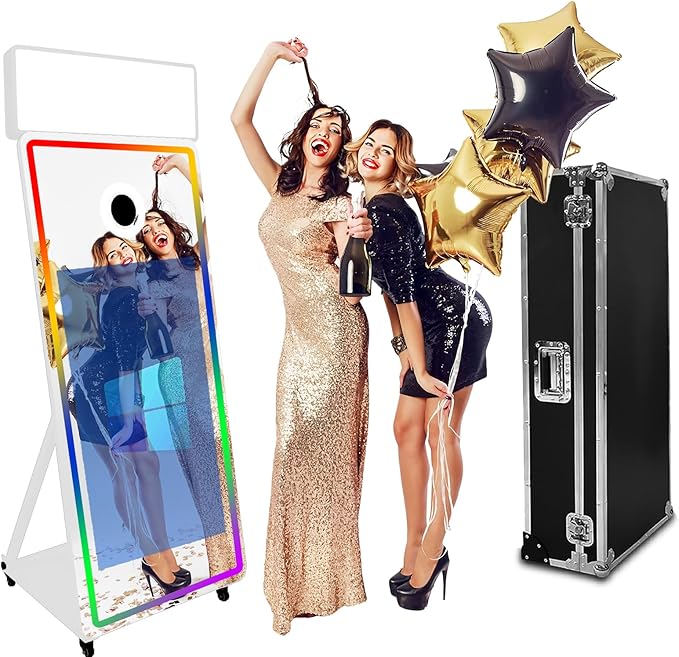 Magic Mirror Photo Booth,Mirror Photo Booth Interactive Touch Screen with Flight Case, Built-in Mini PC with Instant Print and Sharing for Event Party Wedding Rental (White, 43''Screen)