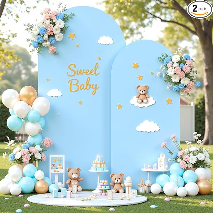 Baby Blue Photo Arch Backdrop Cover Set of 2 for Baby Shower Party 7.2ft and 6ft Arch Covers Stretchy Backdrop Spandex Arch Stand Covers for Boys Birthday Bridal Shower Ceremony Banquet Background