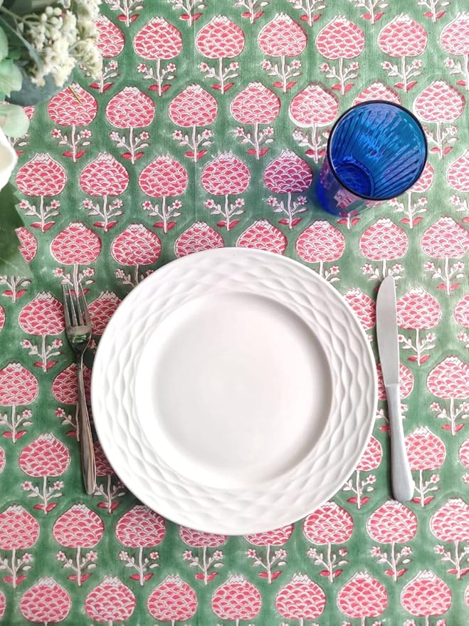 ATOSII Roma Green 100% Cotton Round Tablecloth, Handblock Print Floral Table Cloth for Kitchen Dining Linen I Parties, Weddings, Outdoors, Spring Summer Decor I 60" Inches Round