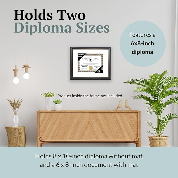 Creative Picture Frames 6" x 8" Rockefeller Black with Gold Rim Diploma Frame, Displays 6" x 8" Certificate or 8" x 10" Document without Mat, College Degree Frame, Full-Strength Glass, White Mat
