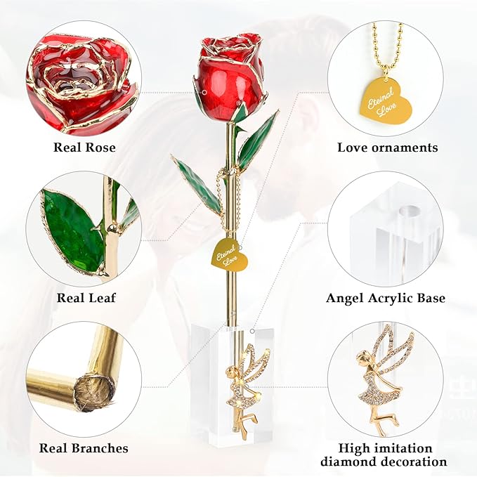 Valentine Gift Real Rose Dipped 24K Gold ，Best Valentines Rose Gift for Her Wife Mother Women，Forever 24k Rose with Crystal Stand-Red