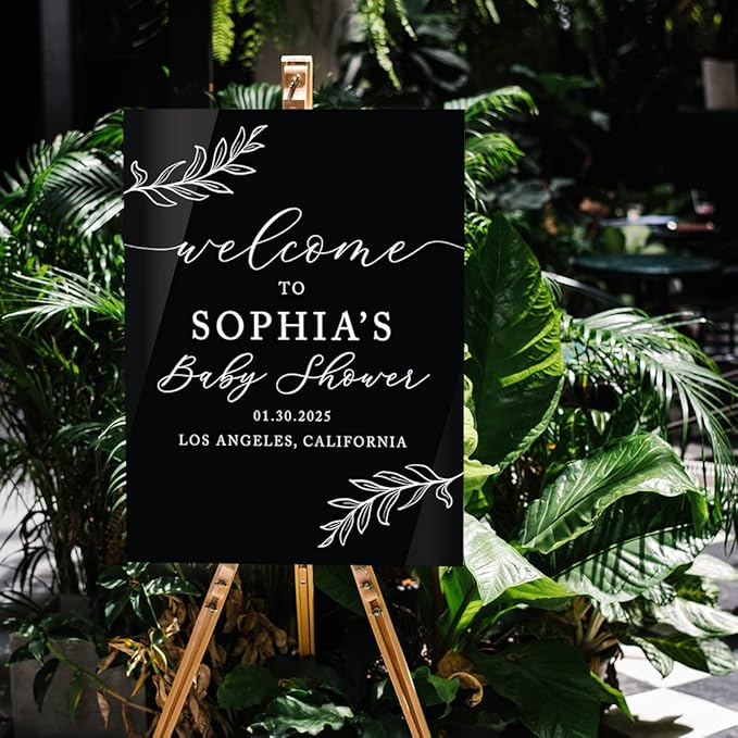 Andaz Press 16X20 Inch Black Acrylic Personalized Baby Shower Welcome Sign, Gender Neutral Large Custom Sign For Easel Stand, Rustic Laurel Leaves Baby Shower Decorations Neutral, Acrylic Welcome Sign
