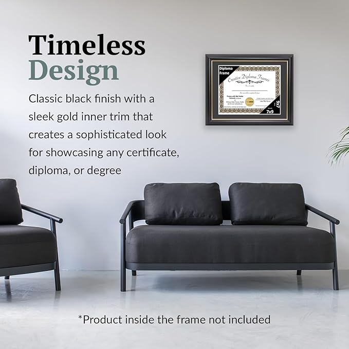 Creative Picture Frames 7" x 9" Rockefeller Black with Gold Rim Diploma Frame, Displays 7" x 9" Certificate or 8" x 10" Document without Mat, College Degree Frame, Full-Strength Glass, Black Mat