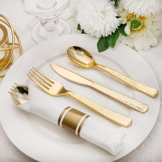 Nervure 400PCS Pre Rolled Gold Plastic Silverware Sets - Heavy Duty Hammered Gold Cutlery Include 100 Pack Wrapped Disposable Utensils with Napkins for Parties, Dinners & Weddings