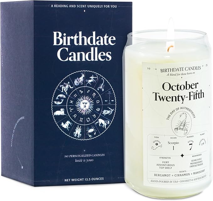 Birthdate Candles, October 25 - Scorpio Zodiac Scented Candles Birthday Gift - Bergamot, Cinnamon & Mahogany Scent - All-Natural Soy & Coconut Wax, 60-80 Hour Burn Time - Made in USA