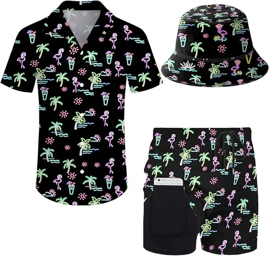 Men's Hawaiian Shirt and Shorts Set 2 Piece Beach Outfits with Bucket Hats for Beach Days and Summer Vibes