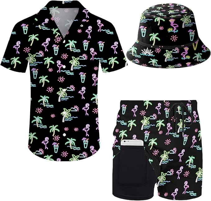 Men's Hawaiian Shirt and Shorts Set 2 Piece Beach Outfits with Bucket Hats for Beach Days and Summer Vibes