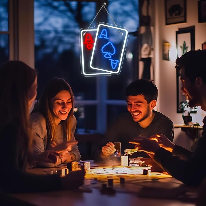 Gamerneon Playing Cards Neon Sign Poker Neon Signs for Wall Decor Led Neon Light Blue Red Texas Hold 'em Double A Sign for Bedroom Casino Party Bar Play Room Decor