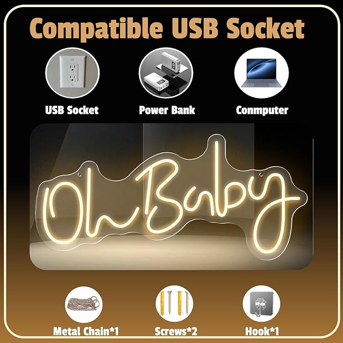 Oh Baby Neon Sign for Backdrop Wall Decor, Baby Shower LED Neon Light for Wall Decor, 19.6×8.6 Inch Large Size, USB Powered for Party Decorations & Night Lighting, Birthday Wedding Bar(Warm White)