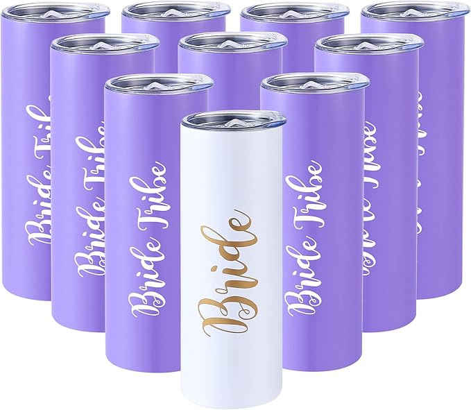 10 Pack Bride to Be Skinny Tumbler | 20 oz Bride Tribe Stainless Steel Wine Tumblers | Engagement Wedding Gifts Bridesmaids Mugs Bachelorette Party Supplies & Games