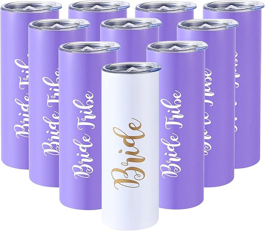 10 Pack Bride to Be Skinny Tumbler | 20 oz Bride Tribe Stainless Steel Wine Tumblers | Engagement Wedding Gifts Bridesmaids Mugs Bachelorette Party Supplies & Games