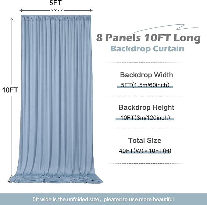 40ft×10ft Wrinkle Free Dusty Blue Backdrop Curtain for Parties, 8 Panels 5×10 ft Soft Silky Polyester Photo Backdrop Drapes for Wedding Birthday Baby Shower Photography Home Decor