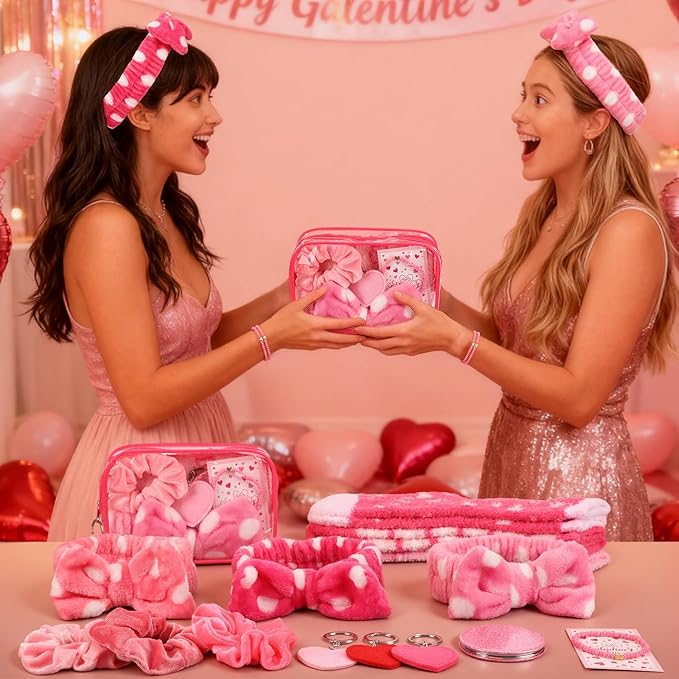 48 Pcs Galentine's Day Gifts Valentine's Pink Gift for Women Include Fluffy Socks Compact Mirrors Makeup Bags Headbands Scrunchies Greeting Cards Heart Keychains Bracelet for Party Supply