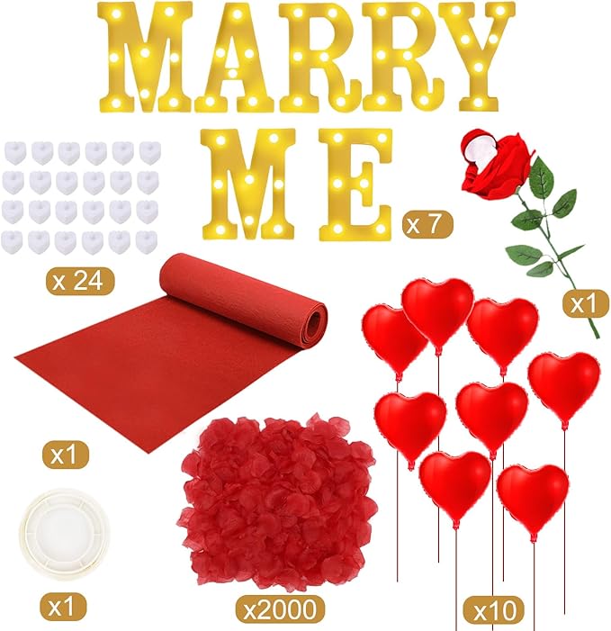 Marry Me Light Up Letters Proposal Decorations Marry Me Sign 24 LED Candles 2000 Rose Petals 10 Foil Balloon 10ft Carpet Runner Rose Ring Box for Valentine's Day Wedding Proposal Engagement (Warm)