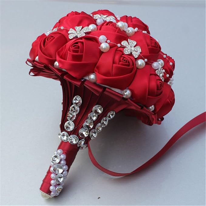 S_SSOY Hand Made Shining Crystal Rhinestones Pearl Silk Rose Bridesmaid Bridal Artificial Bouquets Customization Bride Holding Bouquet Wedding with Corsage Flower, A-018, Red