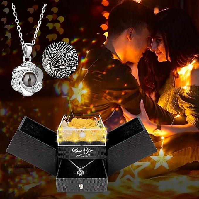 3 Preserved Yellow Real Rose-Eternal Flowers Rose Gifts for Mom Grandma Wife Girlfriend on Mothers Day Birthday Valentines Christmas for Her with I Love You Necklace