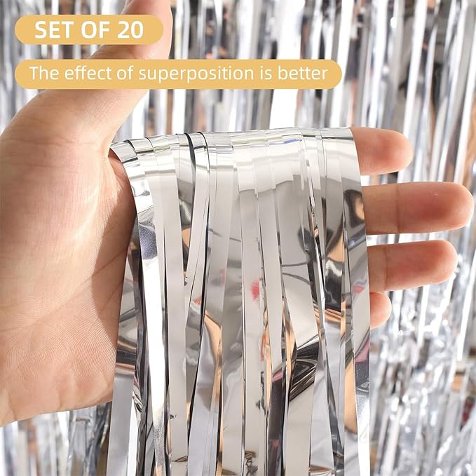 20 Pack Silver Foil Fringe Curtains 3.2ft x 9.8ft Silver Foil Curtain Backdrop Metallic Tinsel Curtains Streamer Photo Booth Backdrop for Birthday Party Engagement Bachelorette Party Decorations