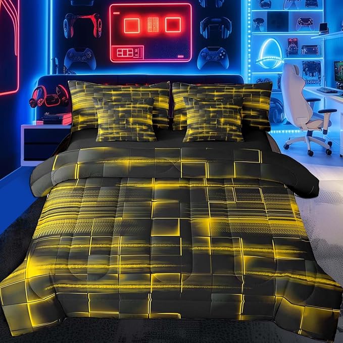 Feelyou Yellow Black Bedding Set Twin Size Boys Girls Geometric Strip Lines Comforter Set with Sheets 7 Piece forBed in a Bag Abstract Modern Bed Set with Comforter,Sheets,Pillowcases