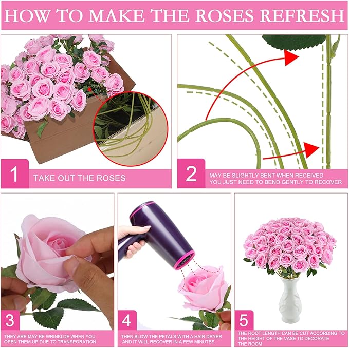 Hananona 50 Artificial Roses in Bulk, Fake Silk Pink Roses Realistic Roses for Wedding Centerpieces Flower Arrangement Home Decor (50, Pink)