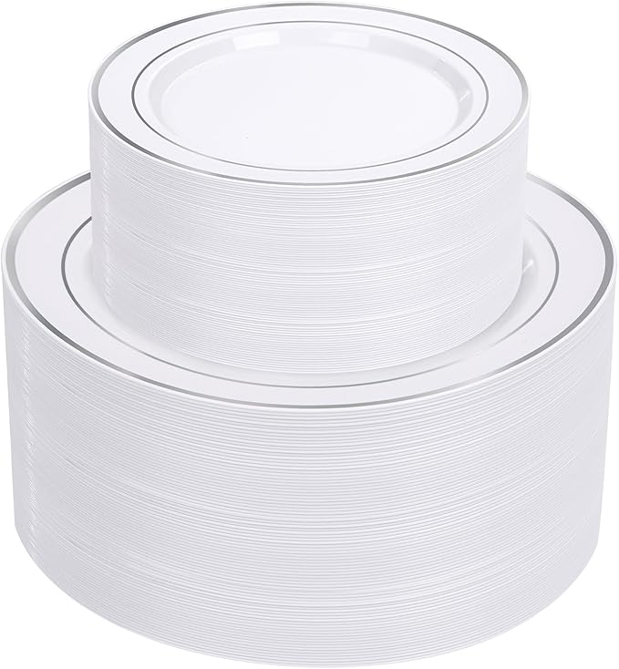 Supernal 102pcs White and Silver Plastic Plates Disaposable Party Plates White Silver Rim Heavy Duty Fancy Silver Plastic Dinnerware Set included 51 Dinner & Dessert Plates for Valentine's Day