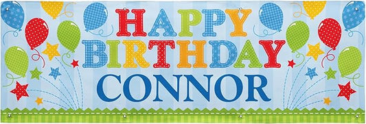 Let's Make Memories Personalized Blue Happy Birthday Banner for Kids - Custom Birthday Party Decorations - Indoor/Outdoor Vinyl - Any Name - Balloons and Stars - 8ft