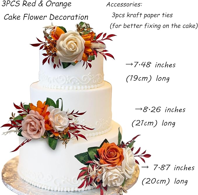 CherishedMoments 3Pcs Cake Topper Set, Artificial Flowers Decor Red Orange Cake Topper Decorations for Ceremony, Anniversary, Fall Vintage Wedding