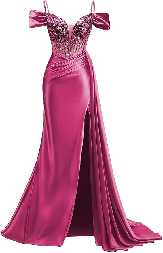 Rjer Off The Shoulder Satin Prom Dresses Long with Slit Tail 2026 Sequin Beaded Pleated Evening Ball Gown for Women Formal