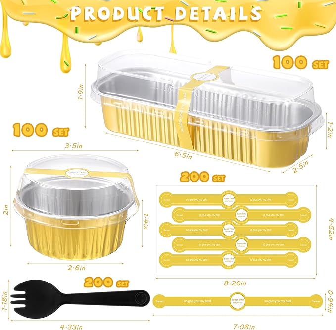 Suclain 600 Pcs Mini Loaf Pans with Lids and Spoons Sealing Stickers 6.8oz Disposable Aluminum Foil Muffin Baking Pans 5oz Cupcake Cups Cake Containers for Mothers Day Holidays Party Picnics(Gold)
