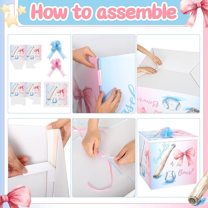 AmazingSpark 28in Jumbo Gender Reveal Gift Box Kit with Oversized Box Giant Pull Bows for Gender Reveal Baby Shower Birthday Party Decor (Baseballs or Bows)