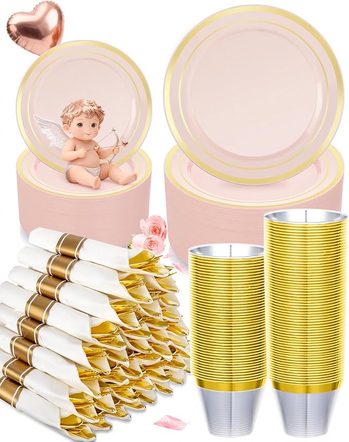350PCS Pink Plastic Dinnerware Set, Disposable Party Plates for 50 Guests, Include: 100 Pink and Gold Plastic Plates, 50 Pre Rolled Napkins with Gold Silverware, 50 Cups for Wedding, Christmas