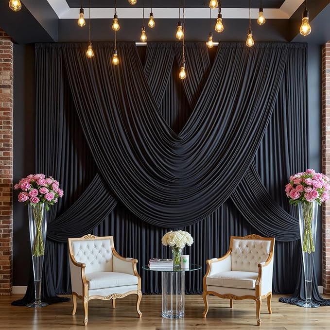 30 ft x 10 ft Wrinkle Free Black Backdrop Curtain for Parties, 6 Panels Silky Polyester Black Wedding Drapes for Backdrop 10 ft Photo Back Drop Cloth for Birthday Graduation Photography Background