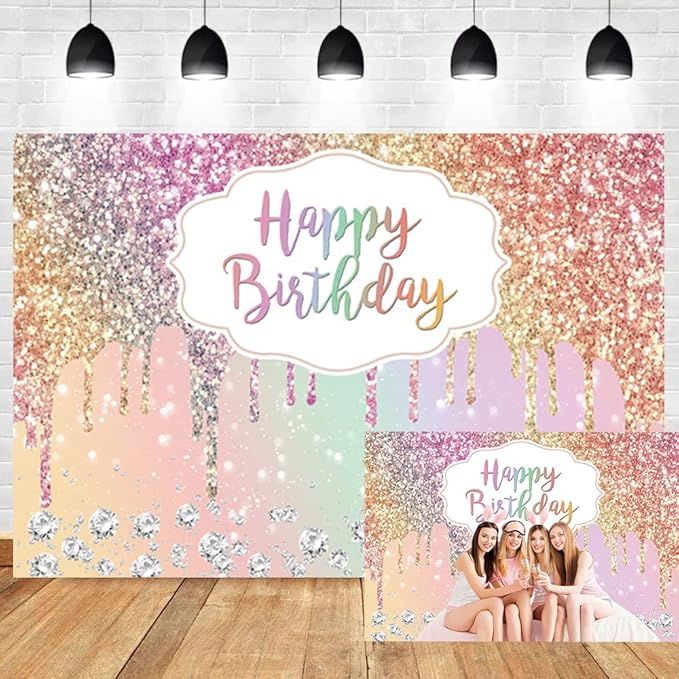 OERJU Rainbow Glitter Birthday Backdrop Colorful Sequin Diamonds Happy Birthday Backdrop for Women Girls Sweet 16 18th 21st 30th Birthday Party Decorations Background Cake Table Banner 12x10ft