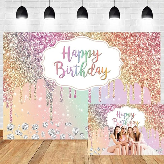 OERJU Rainbow Glitter Birthday Backdrop Colorful Sequin Diamonds Happy Birthday Backdrop for Women Girls Sweet 16 18th 21st 30th Birthday Party Decorations Background Cake Table Banner 10x6.5ft