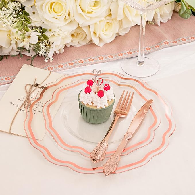 NOCCUR 150PCS Rose Gold Plastic Plates&Rose Gold Silverware-Include 30Dinner Plates, 30Salad plates, 90 Disposable Rose Gold Utensils- Ideal for Weddings/Party/Valentines Day